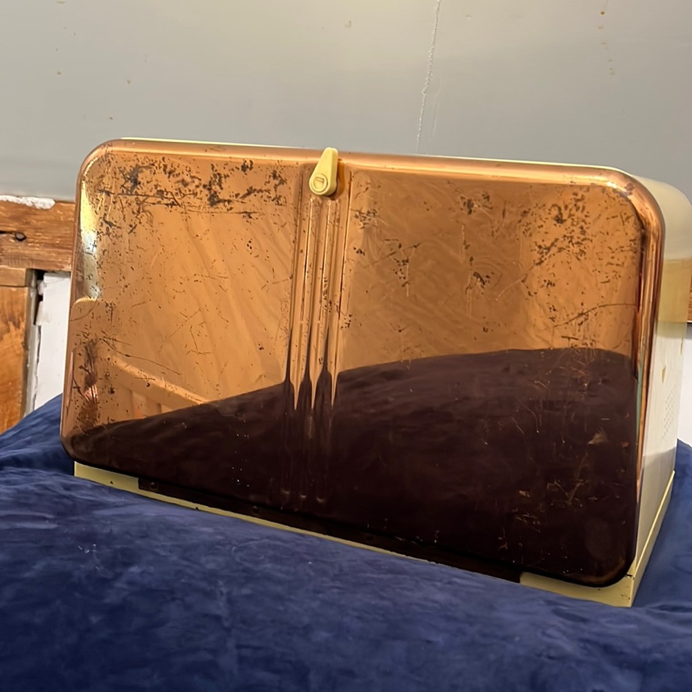 Vintage Light Yellow and Copper Lincoln Ware Beauty Box Breadbox